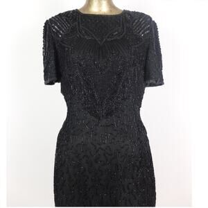 Vintage AP LTD 80s Black Silk Sequin Beaded Fitted Dress Size 8 Formal Gown